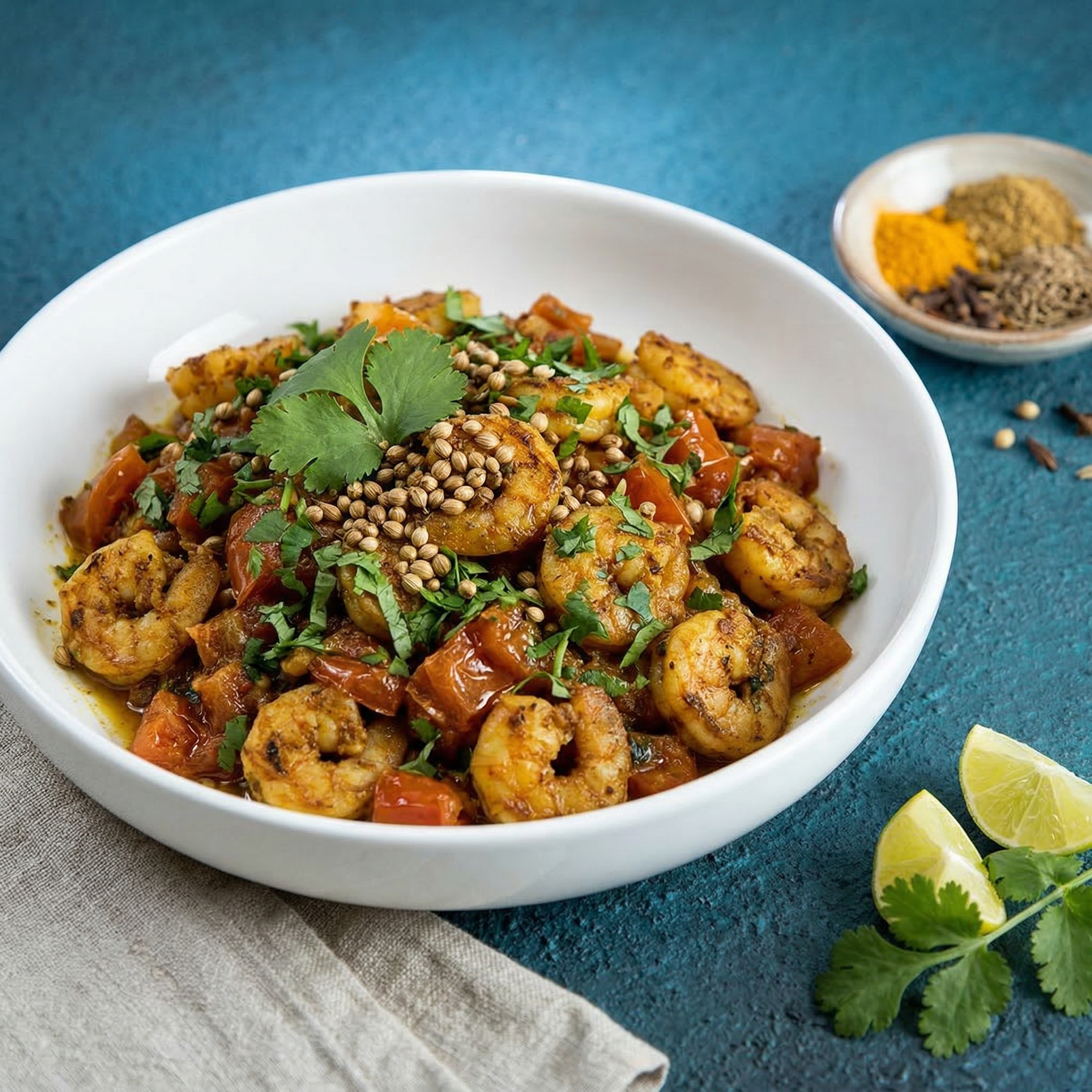 خوراک میگو با گوجه‌فرنگی و گشنیز